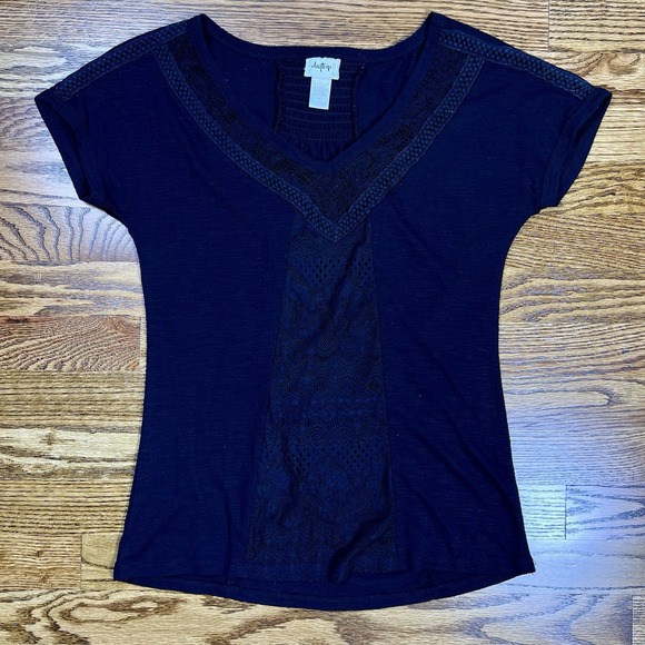 Daytrip Tops - Daytrip Black Y2K‎ Fitted T-Shirt Short Sleeve Wide V-Neck Lace Trim Sz M